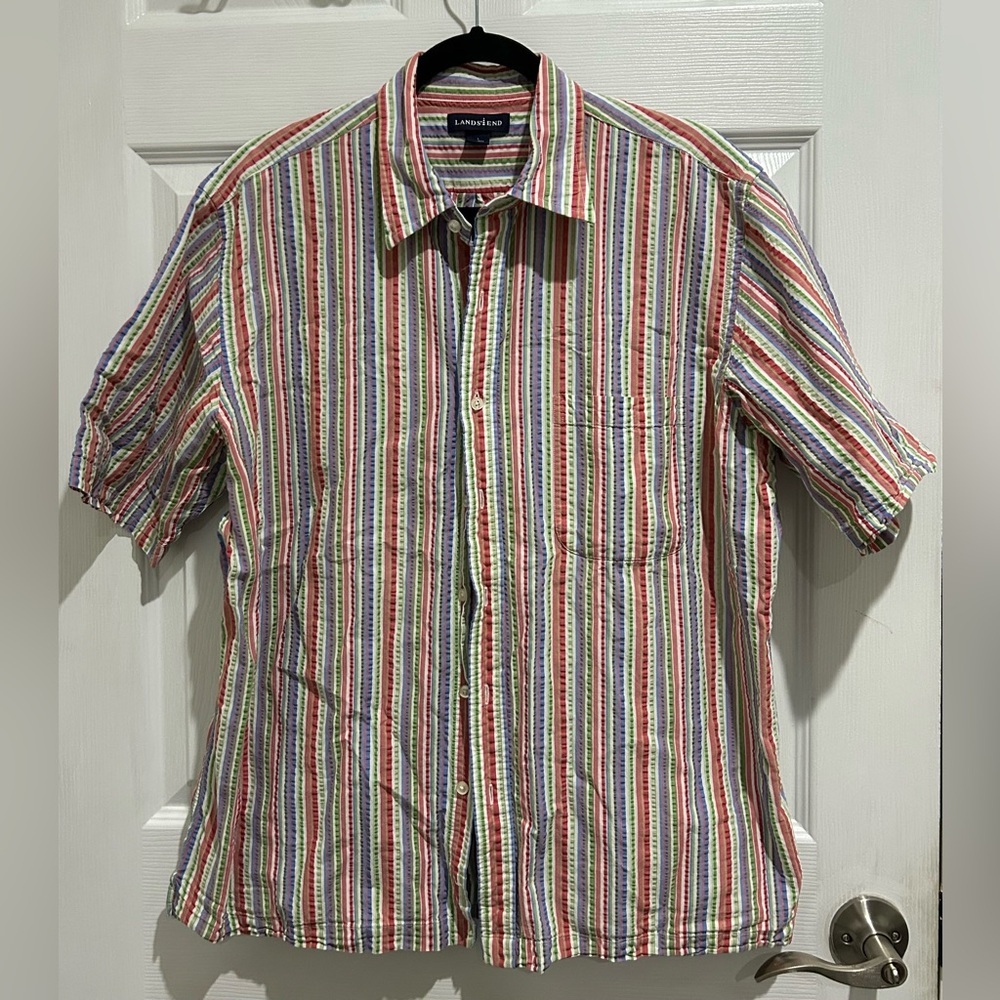 Lands' End Beachy Multicolor Striped Casual Button Down Mens Size Large‎